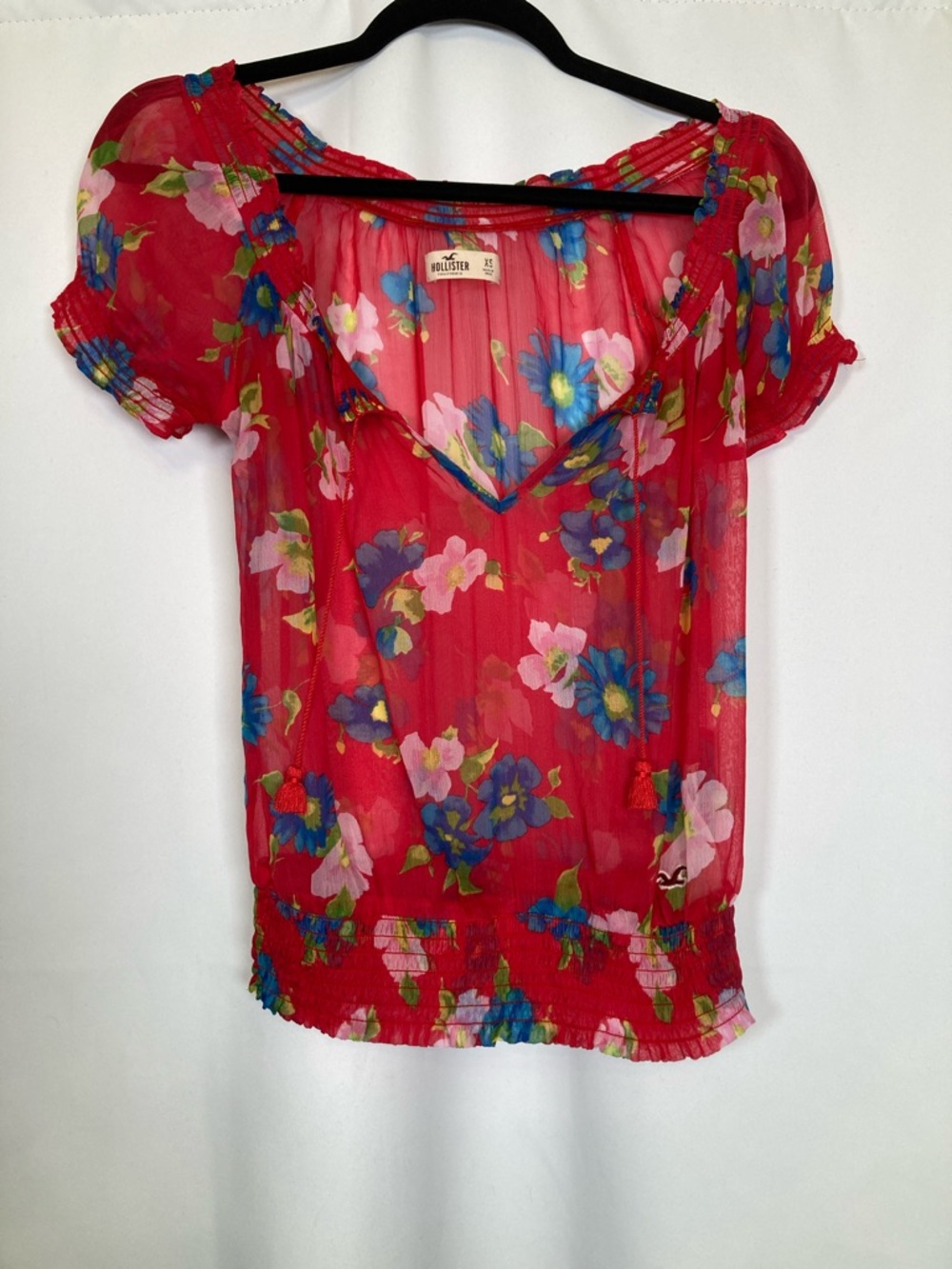 Hollister Sheer Red Floral Boho Smocked Blouse Top- Size XS Festival Summer